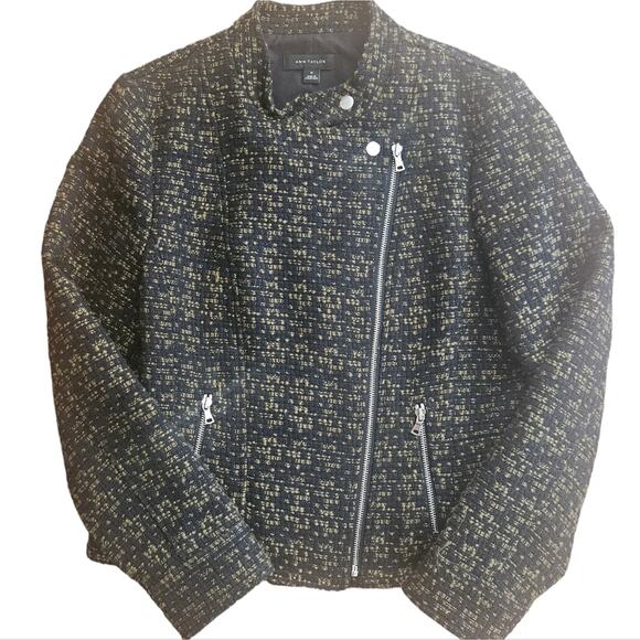 Tweed Moto Jacket Ann Taylor Green & Black Size 10 Business Casual Biker Style - Picture 9 of 10